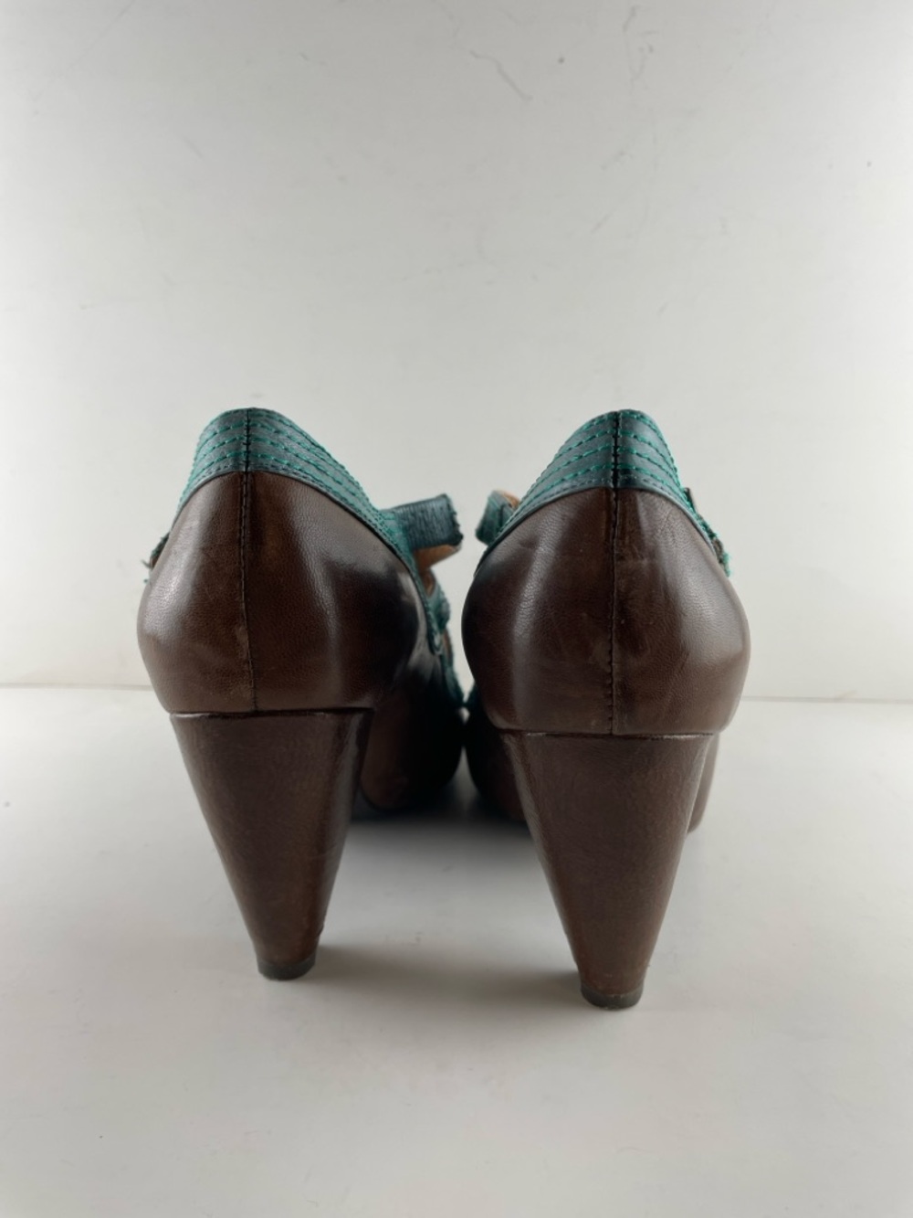 Miz Mooz Leather Mary Jane Heels Size 9 Brown Teal Retro Cutout Pumps - Picture 6 of 9
